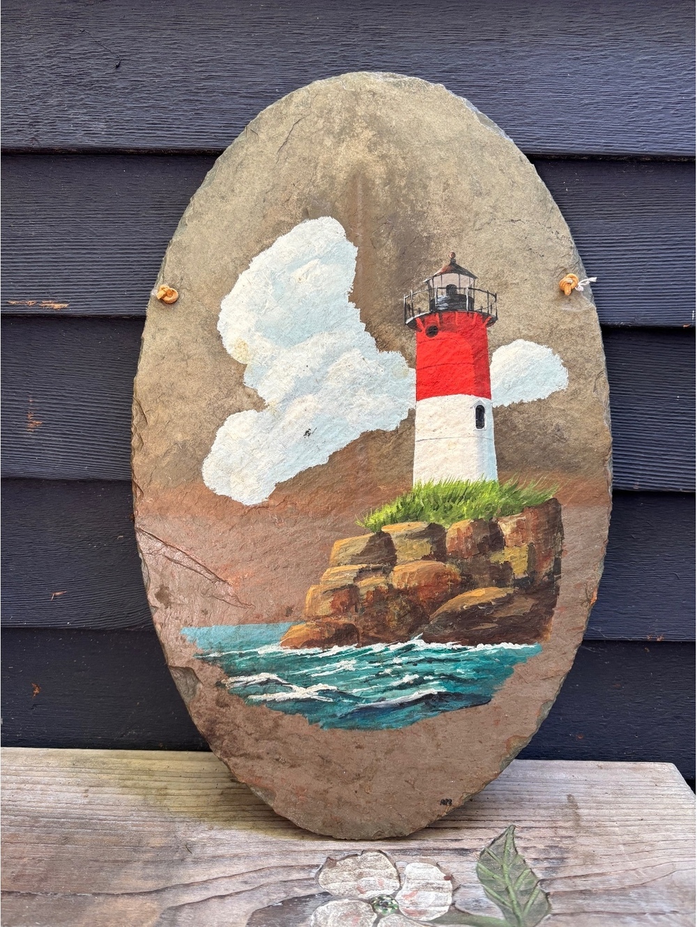 Hand Painted Lighthouse on Slate, Oval Stone Wall Hanging Nautical Coastal Decor